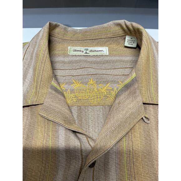 TOMMY BAHAMA MENS MEDIUM BROWN GOLD RED STRIPED 100% SILK‎ SHORT SLEEVE BUTTON - Picture 3 of 10